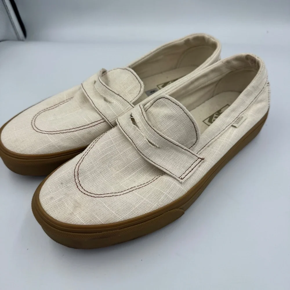 Vans Style 53 Loafer Mens 9.5 Cream Canvas Penny Slip On Gum Sole Shoes